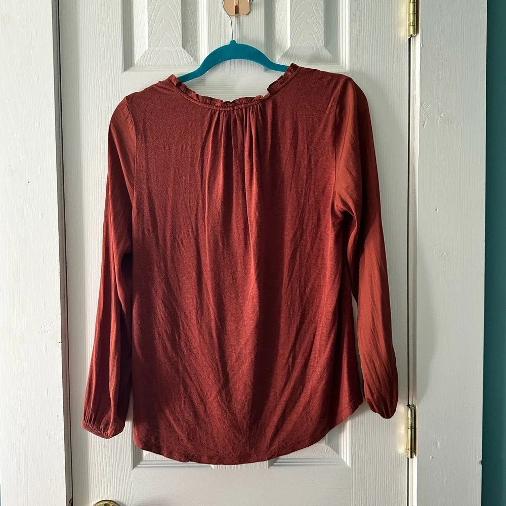 Dolan Left Coast Collection Rust Ruffle Neck Button Front Blouse | Size S - Picture 3 of 7